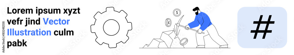 Fototapeta premium Man smashing rocks to collect coins, large gear icon, and a bold hash symbol. Ideal for teamwork, creativity, digital strategies, workflows, financial growth, problem-solving simple landing page