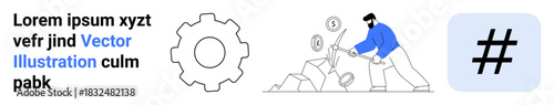 Man smashing rocks to collect coins, large gear icon, and a bold hash symbol. Ideal for teamwork, creativity, digital strategies, workflows, financial growth, problem-solving simple landing page