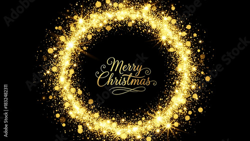 Golden glitter circle with Merry Christmas text on black background bokeh frame