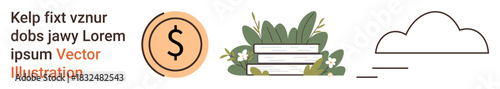 Financial literacy, education, sustainability, minimalism, online storage, data protection. Dollar sign, books with plants and a simple cloud design. Financial literacy and education concept