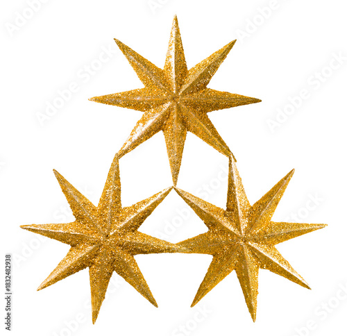 Фотография detailed close-up photograph of three sparkling gold glitter christmas or festive stars arranged in a symmetrical pyramidal shape, isolated on a transparent background