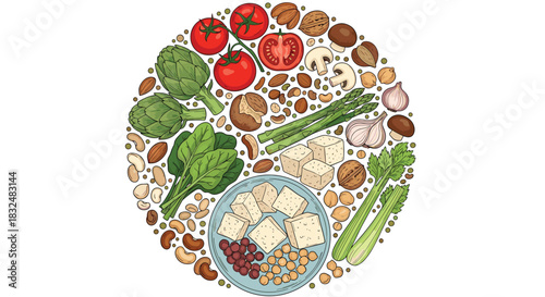 Colorful circular arrangement of healthy vegan food including tofu, vegetables, nuts, and legumes, in a detailed hand-drawn style.