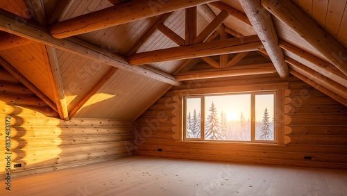 An empty room in the attic of a luxurious wooden house made of logs. Outside the window, snow-covered fir trees in the rays of the setting winter sun.