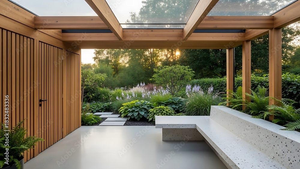 Fototapeta premium Modern contemporary style wooden pavilion with garden view, there are polished concrete floor, white terrazzo bench, wooden structure and transparent glass roof