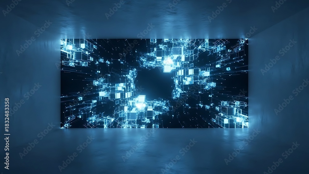 Obraz premium Empty square room with Abstract dark blue high-tech digital background with shining intersected low-polygonal cubes structures