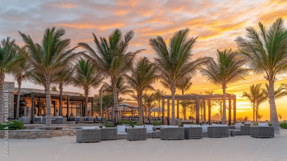 Fototapeta premium Beachfront lounge area at sunset with palm trees and modern architecture.