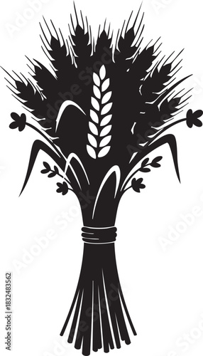 Black and white graphic of a wheat sheaf with small flowers grain harvest