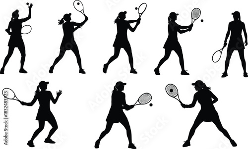Female Tennis Player Silhouettes Set in Various Action Poses Serving Volleying Forehand Backhand Strokes Sportswoman with Racket and Ball Vector Illustration.