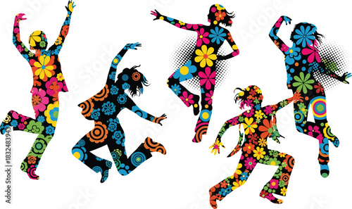 Groovy Flower Power Children Silhouette Vector Set: Kids Running and Jumping in Bright, Psychedelic Retro Floral Patterns, Happy 60s Style.