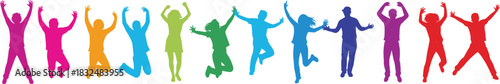Joyful Jumping People Silhouettes in Bright Rainbow Colors Representing Happiness Celebration Freedom Excitement Success and Youthful Energy Vector Graphic.
