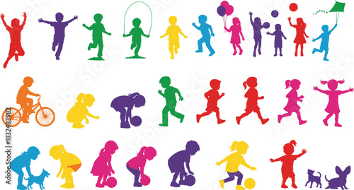 Large Set of Colorful Children Silhouettes Running Jumping Skipping Playing with Balls and Pets Riding Bicycle Happy Youth Activity Vector Graphic.