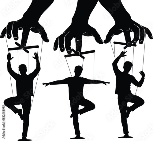 Puppet Marionette People Silhouette Vector Set: Large Hands Controlling Human Figures with Strings, Symbolizing Manipulation and Business Control.