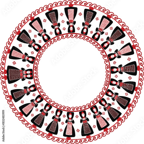 Russian Matryoshka Doll Circular Vector Border: Traditional Red and Black Pattern with Folk Motifs, Flowers, and Decorative Slavic Ornament.