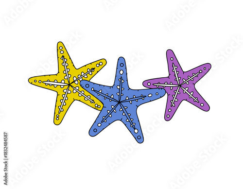 Three colorful cartoon starfish yellow blue and purple with white patterns floating on a black background abstract ocean life illustration