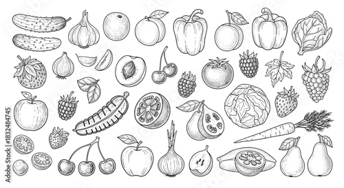 Large set of monochrome fruits and vegetables in a vintage, hand-drawn engraving style, isolated on a clean white background.