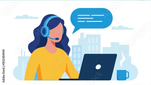 Customer Service Illustration: An illustration that depicts a support representative, wearing a headset, providing customer service in a modern urban environment. 