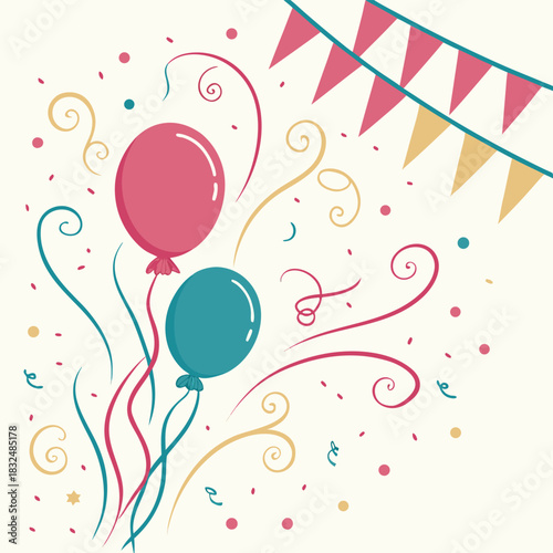 A colorful vector illustration of party balloons and confetti is a happy decoration for a birthday celebration card