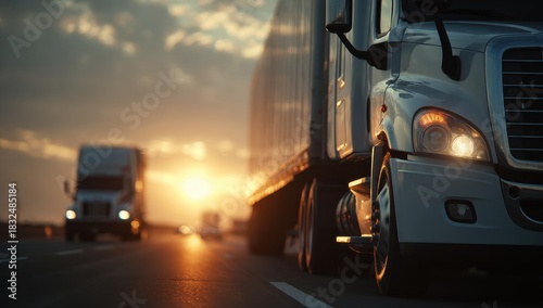 Vibrant photo of a semi-truck on a highway at sunset