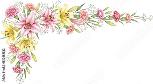 Elegant watercolor floral corner border with pink lilies, yellow lilies, and carnations, perfect for spring designs