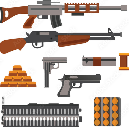 Black vector illustration of an automatic assault rifle with gun, barrel, and bullet isolated on white for military, army, or war concepts