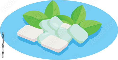 Closeup of pink ice cream and green ice cube with fresh mint leaf on isolated white background, suggesting healthy sweet food