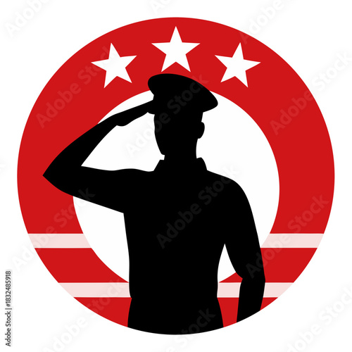 A patriotic emblem featuring a black silhouette of a saluting military service member against a circular red background with white horizontal stripes and three white stars at the top.