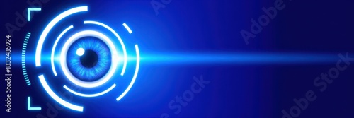 Cybersecurity concept with a futuristic biometric eye scan. Digital identification and data protection technology. Abstract blue banner background
