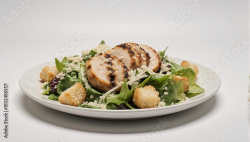 Delicious grilled chicken salad with croutons and cheese on a white plate.