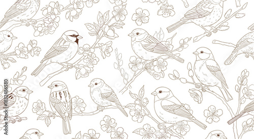 Seamless monochrome pattern of vintage-style birds, including sparrows and tits, perched on delicate blooming spring branches.