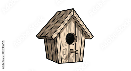 Vintage wooden birdhouse illustration, hand-drawn in a detailed engraving style with wood grain texture, isolated on white background.