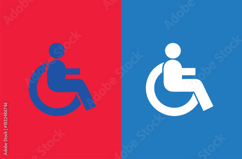 Accessible restroom symbol on contrasting red and blue backgrounds