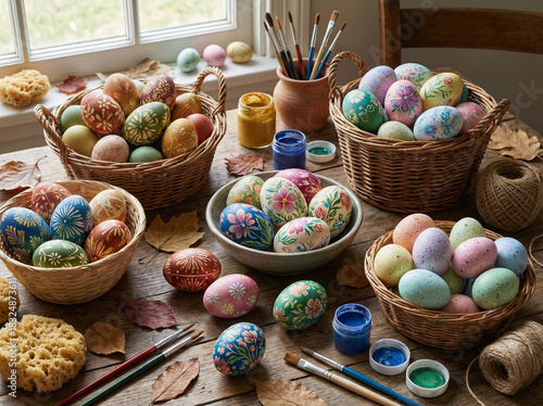 Colorful Easter Eggs Decorated with Floral Patterns in Woven Baskets