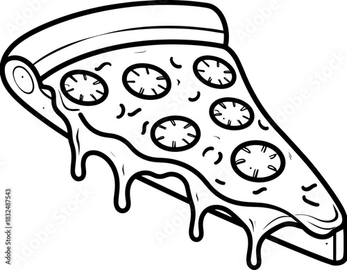 Line art of a single pizza slice, featuring melting cheese dripping and classic round toppings, perfect for symbolizing comfort food cravings and quick meal satisfaction