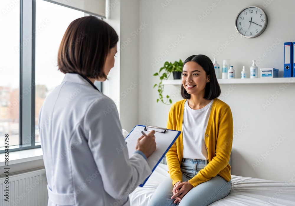 Fototapeta premium Female Doctor Discussing Health with Smiling Young Woman Patient During Medical Consultation