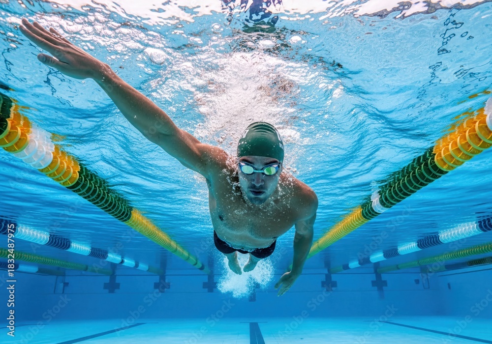 Fototapeta premium Powerful Male Swimmer Performing a Stroke Underwater in a Clear Blue Pool