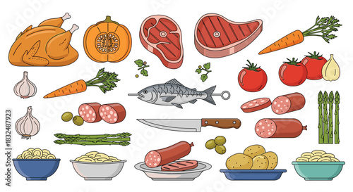 Set of various food items including raw meat, fish, chicken, and vegetables, illustrated in a simple, colorful line art style.