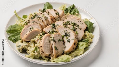 Delicious Sliced Chicken Breast with Green Sauce and Fresh Herbs on a White Plate.