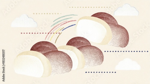 A whimsical illustration of fluffy pastries against a pastel background, featuring clouds and a colorful rainbow.