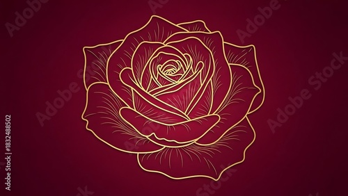 Elegant red rose with golden outline on dark red background