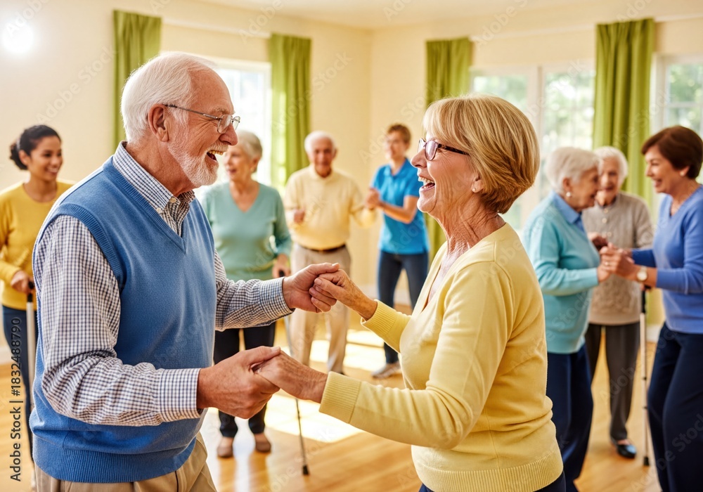 Obraz premium Cheerful Older Adults Enjoying a Group Dance and Movement Class