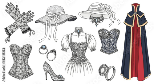 Set of vintage women's fashion accessories including a corset, lace gloves, and a hat, drawn in a detailed monochrome style.