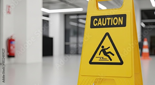 A yellow caution sign with a man falling on a wet floor in a modern office building.