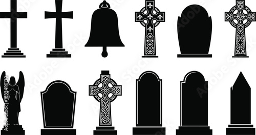 Detailed cemetery gravestone and cross silhouette collection featuring memorial headstones, church bell, angel statue elements, funeral symbols, vector illustration set for design
