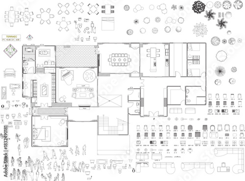 Interior Design 2D Drawing for Residential Furniture Layout and Technical Detail Components