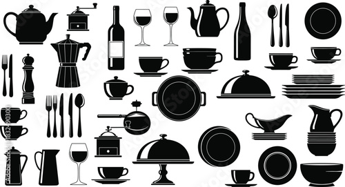 Elegant kitchen cookware, utensils, and tableware silhouette vector illustration set showcasing dining essentials, beverage accessories, and cooking tools for 
