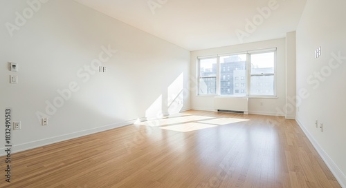 A spacious, well-lit living room with hardwood floors and a large window, featuring a white wall and a white couch.