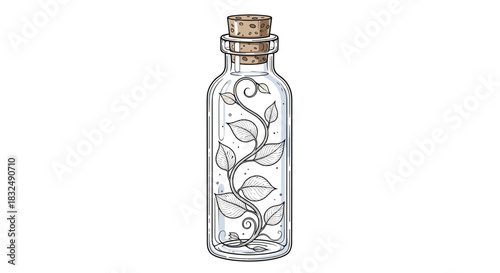 Magical illustration of a climbing vine with leaves growing inside a clear glass bottle with a cork, in a vintage sketch style.