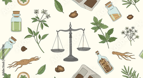 Seamless pattern with balancing scales, adaptogenic herbs like ginseng, and essential oil bottles in a vintage, hand-drawn design.