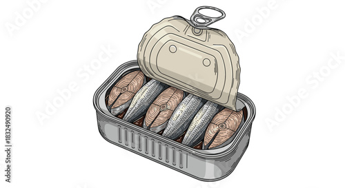 Open tin of sardines in oil, hand-drawn in a detailed and realistic colorful style that evokes a vintage packaging illustration.