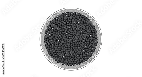 Top-down view of a bowl of black caviar, illustrated in a minimalist black and white style using detailed engraving lines.